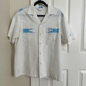 Vintage 70s Andrade Fine Resort Apparel Guayabera‎ Shirt Tribal Embroidery L